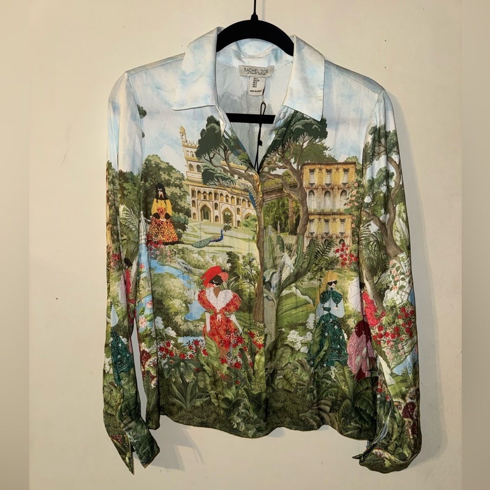 Rachel Zoe Scenic Print Button-Down Shirt in Light Blue, Green, Red